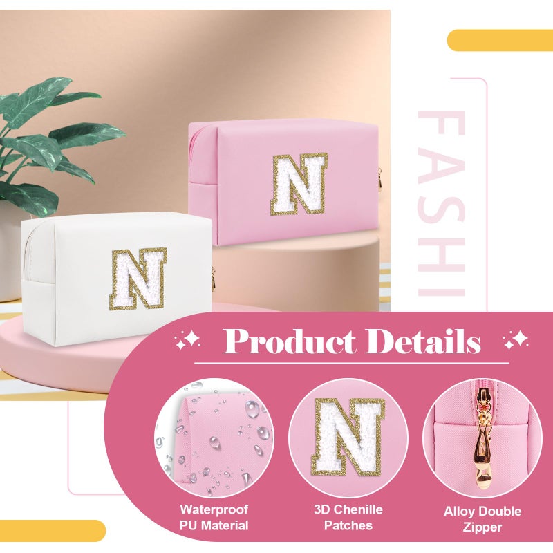 ChaoGreat حقيبة مكياج أولية مخصصة من A-Z Preppy Patch صغيرة من البولي يوريثان على شكل حرف شانيل حقيبة مستحضرات تجميل مع سحاب للفتيات المراهقات وردي لطيف حقيبة تنظيم أدوات الزينة حقيبة مكياج هدية للنساء والفتيات حرف N - Image 3